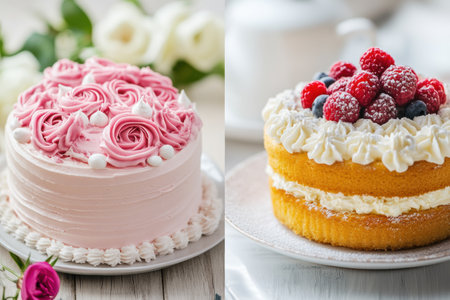 Two beautifully decorated cakes sit on a table with flowers nearby. One has pink roses while the other is topped with berries and cream.の素材