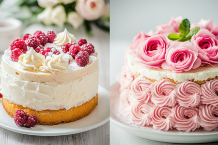 Two stunning cakes showcase decorative techniques with fresh raspberries and elegant pink roses, creating a tempting dessert display.の素材