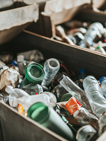 Conveyor belts actively sort plastic waste at a recycling plant, showcasing an organized process within an expansive industrial environment.の素材