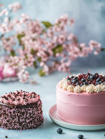 Two elegant cakes featuring berries and frosting sit on a table with soft pink blossoms in the background, creating a peaceful atmosphere.の素材