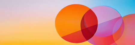 Bright circles in orange, red, and purple create a dynamic contrast against a soft pastel backdrop highlighting artistic balance and color harmony.の素材