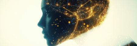 Silhouette of a human head with neural pathways and vibrant synapses symbolizes the essence of AI and cybernetic thought.の素材
