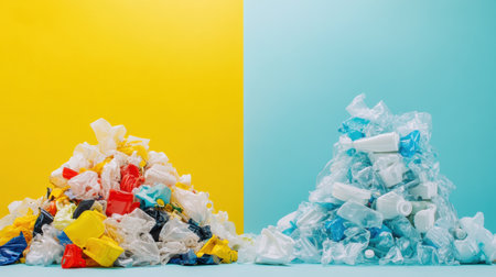 On the left, a chaotic pile of plastic waste contrasts with neat recycled products on the right, highlighting the need for eco action.の素材