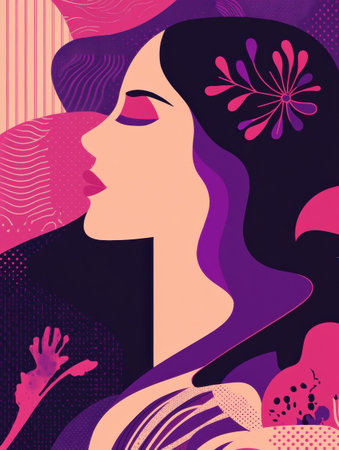 A modern artistic illustration celebrates International Womens Day with a stylized woman symbol, showing vibrant colors and design elements.の素材