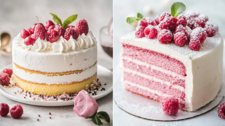 This dessert features layers of soft sponge cake with raspberry cream and fresh berries, garnished with mint leaves for a delightful presentation.の素材