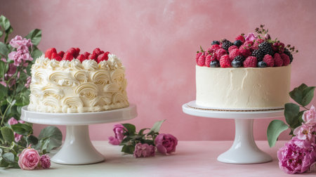 Two beautifully frosted cakes adorned with fresh raspberries, blackberries, and floral accents sit on white stands, enhancing a lovely setting.の素材