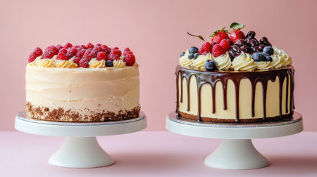 Two exquisite cakes sit on white pedestals against a soft pink background, adorned with fresh berries and creamy icing, perfect for any celebration.の素材