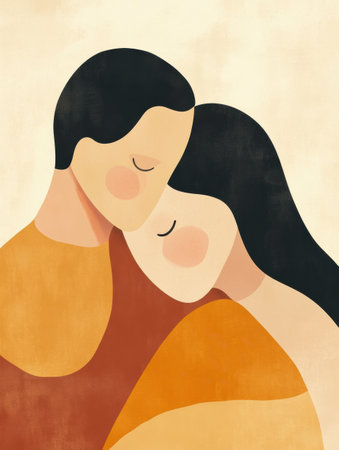 A simple yet expressive illustration depicts two individuals embracing each other, radiating warmth and connection in a calming color palette.の素材