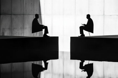 Two shadows sit opposite each other in a serene, minimalist space, evoking a sense of deep conversation and contemplation.の素材