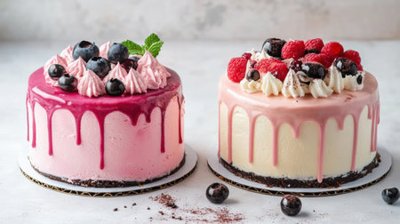 Two beautifully crafted cakes featuring colorful berry decorations are showcased on a white surface, perfect for a celebration.の素材
