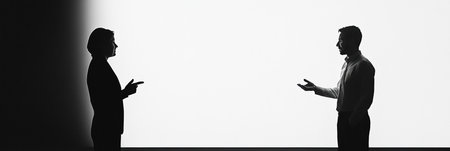 Two business professionals engage in a discussion using hand gestures, silhouetted against a stark white background in an office setting.の素材