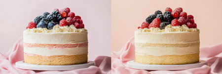 A stunning cake features multiple layers with cream frosting and a generous topping of fresh raspberries and blueberries, beautifully presented.の素材