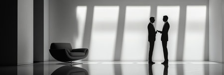 Businessmen are shaking hands in a modern office with strong shadows and light streaming through large windows.の素材