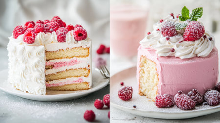 Delicious cakes featuring layers of vanilla and raspberry flavors topped with whipped cream and fresh raspberries, perfect for any celebration.の素材