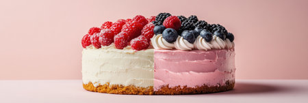 Enticing dessert features a two tone cake with cream frosting, garnished with raspberries, blackberries, and blueberries, inviting indulgence.の素材