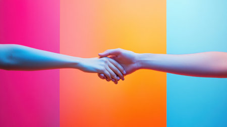 Two hands reach toward each other, grasping in an expression of connection and unity against a vibrant backdrop of pink and blue.の素材