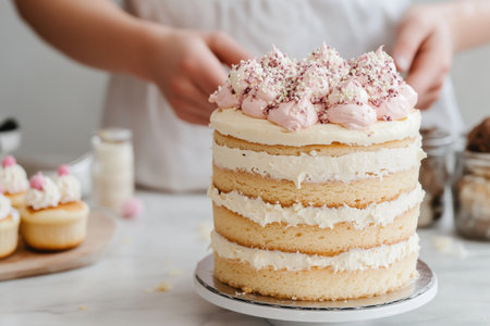 A person decorates a tall cake with pink frosting and toppings in a modern kitchen filled with sweet treats and baking ingredients.の素材