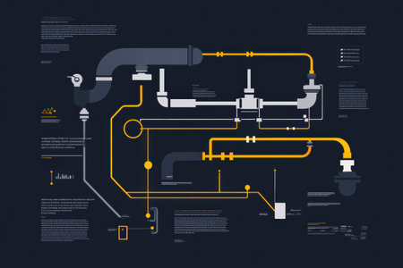 Infographic presents a clean design of gas pipelines, showing flow directions, connections, and relevant data within an urban environment.の素材