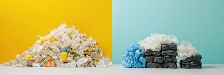 A striking contrast shows a disorganized pile of plastic waste beside neatly stacked recycled plastic products displayed against colorful backgrounds.の素材