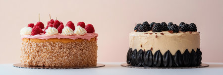 Two beautifully decorated cakes with raspberry and blackberry toppings sit on a table, showing their delightful designs and colors.の素材