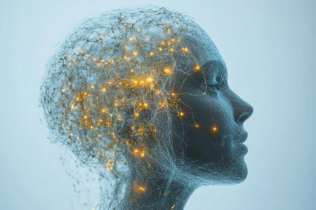 A human head silhouette reveals complex neural connections and glowing synapses, symbolizing advancements in artificial intelligence and technologyの素材