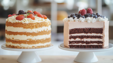 Two beautifully plated layered cakes stand on display, one vanilla with berries and the other chocolate with frosting, in a cozy bakery setting.の素材