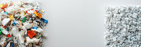 A visible contrast shows a pile of plastic waste on the left and neatly stacked recycled plastic items on the right, highlighting recycling efforts.の素材