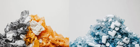 On the left, a chaotic pile of plastic waste contrasts sharply with the right side where recycled plastic products are neatly organized.の素材