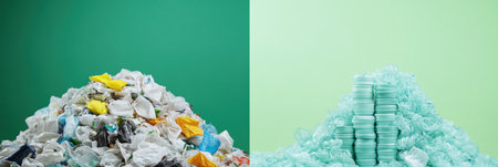 A large heap of plastic waste contrasts with neatly stacked recycled products, highlighting the success of recycling efforts.の素材