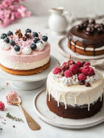 Three delicious cakes with vibrant toppings are arranged on elegant plates, showing their appealing designs and flavors perfect for any occasion.の素材