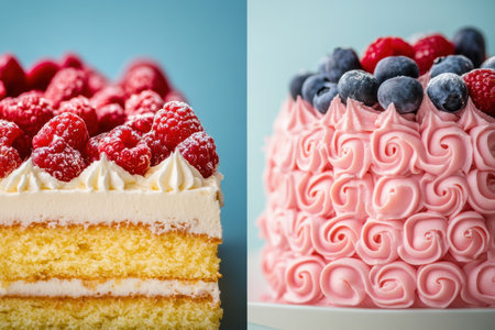 Two delicious cakes are displayed side by side, one topped with fresh raspberries and the other with blueberries and pink frosting.の素材