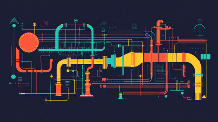 Gas pipelines are illustrated showing the network of connections, flow directions, and structural efficiencies in energy distribution.の素材