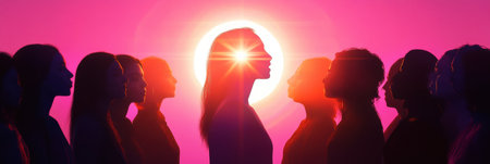 Glow of feminine symbol illuminates diverse women silhouettes standing together in solidarity, representing empowerment and strength.の素材