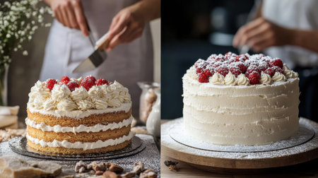 Skilled pastry chef decorates two beautiful layered cakes topped with raspberries and cream in a warm kitchen, showcasing artistry.の素材
