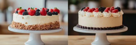 Two beautifully crafted cakes adorned with fresh berries sit on a stand in a warm, inviting atmosphere, perfect for celebration or dessert.の素材