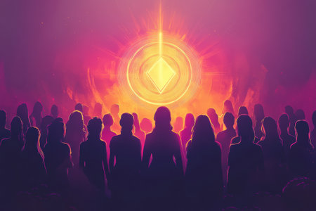 A vibrant celebration of Womens Day showcases diverse female silhouettes surrounding a radiant feminine symbol, representing unity and strength.の素材