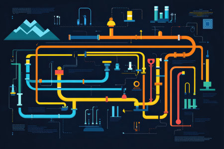 Visual representation of gas pipelines showcasing flow patterns and connections within an industrial network for efficient distributionの素材