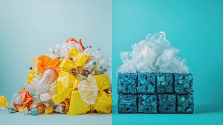 Left chaotic plastic waste. Right organized recycled products, showcasing successful recycling efforts.の素材