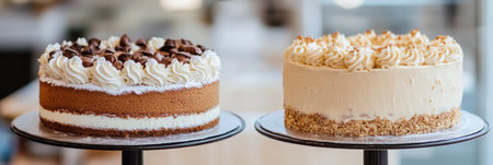 Two attractive cream cakes are showcased in a bakery, featuring decorative piping and toppings, enticing customers to indulge in sweet treats.の素材