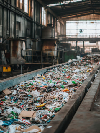 Conveyor belts transport various types of sorted waste in a recycling plant, showcasing an industrial backdrop for waste management efforts.の素材