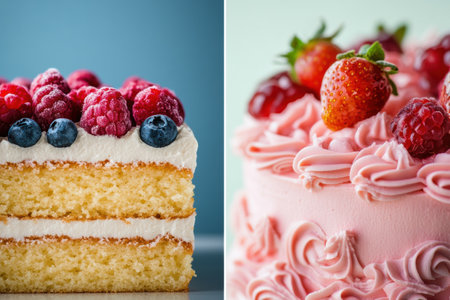Two tempting cakes, one with layers and berries, the other with pink frosting and strawberries, both radiating sweetness.の素材
