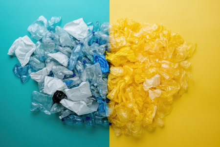 A pile of discarded plastic contrasts sharply with neatly arranged recycled items, highlighting the importance of recycling.の素材