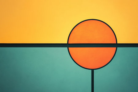 Bright orange circle aligns with a green bar on a vibrant yellow backdrop, creating a striking minimalist geometric composition.の素材