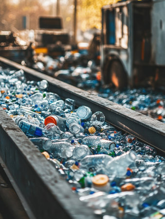 Conveyor belts transport sorted plastic waste in a recycling facility showing the importance of recycling in waste management.の素材