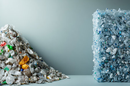 A stark contrast shows a pile of plastic waste on the left and neatly stacked recycled plastic products on the right, highlighting recyclings value.の素材