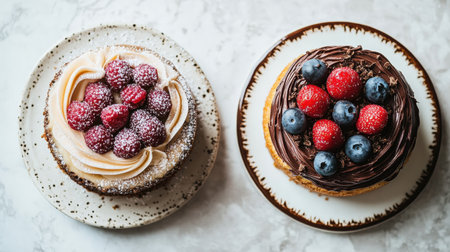 Two gorgeous cakes, each adorned with fresh berries and creamy frosting, are sure to tempt any dessert lover.の素材