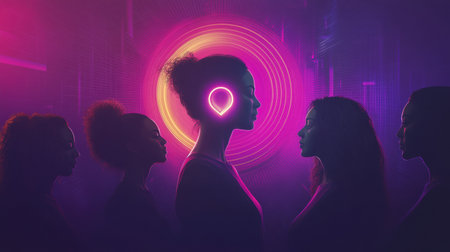 A glowing feminine symbol inspires unity, surrounded by silhouettes of diverse women representing strength and empowerment on Womens Day.の素材