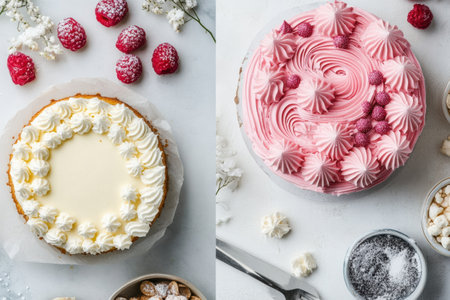 Two beautifully decorated cakes sit on a table, one featuring a lemon cream topping and the other topped with pink frosting and raspberries.の素材