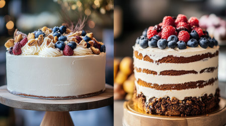 Two enticing cakes adorned with berries and nuts are showcased on wooden platters in a warm and inviting bakery environment.の素材