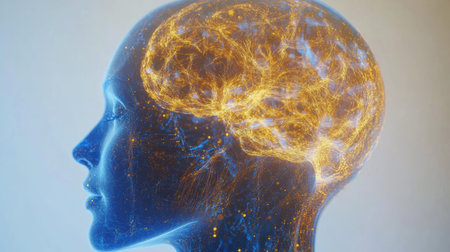Profile of a human head showcases intricate neural connections and glowing synapses, symbolizing the evolution of artificial intelligence.の素材